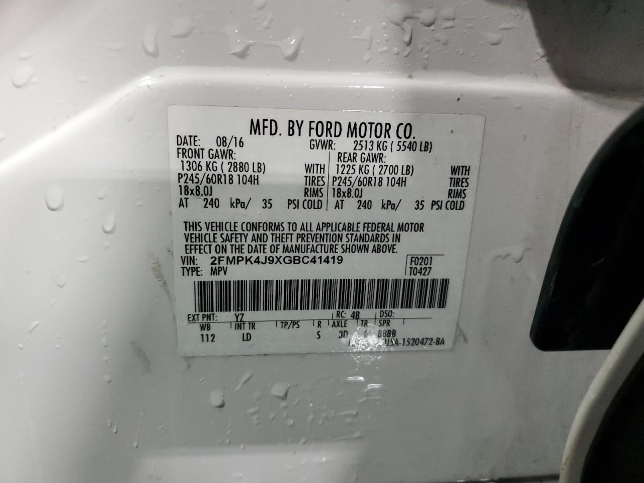 2016 Ford Edge Sel VIN: 2FMPK4J9XGBC41419 Lot: 93412475