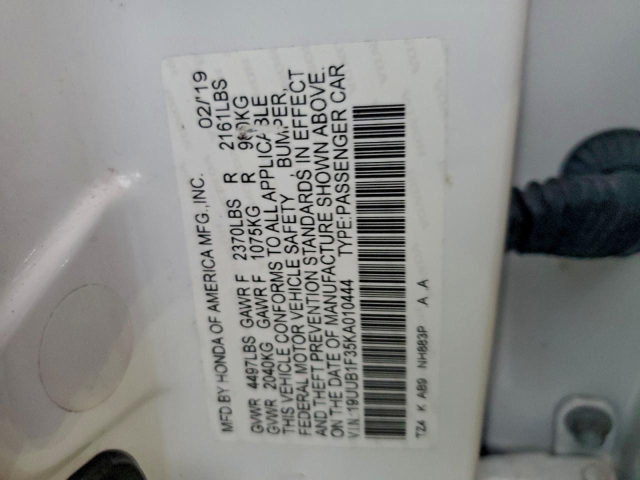 2019 Acura Tlx VIN: 19UUB1F35KA010444 Lot: 93690485