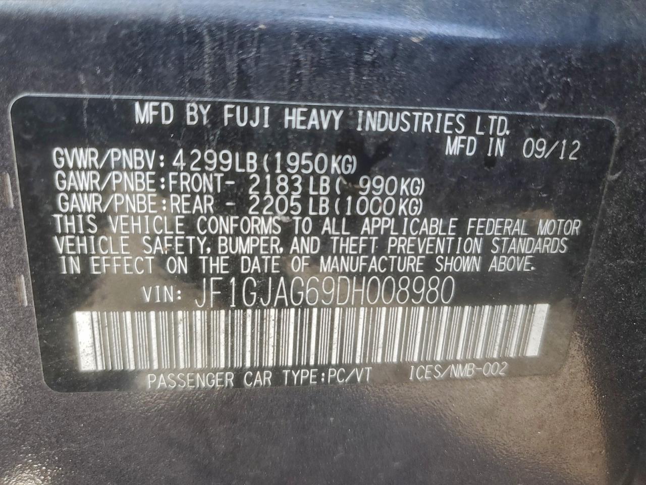 2013 Subaru Impreza Limited VIN: JF1GJAG69DH008980 Lot: 92748775