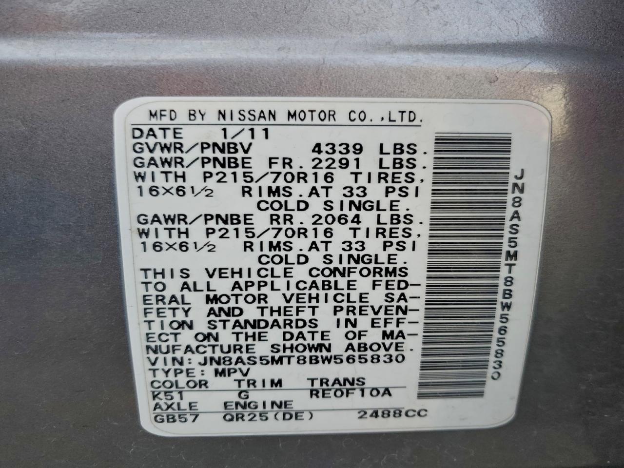2011 Nissan Rogue S VIN: JN8AS5MT8BW565830 Lot: 94764935