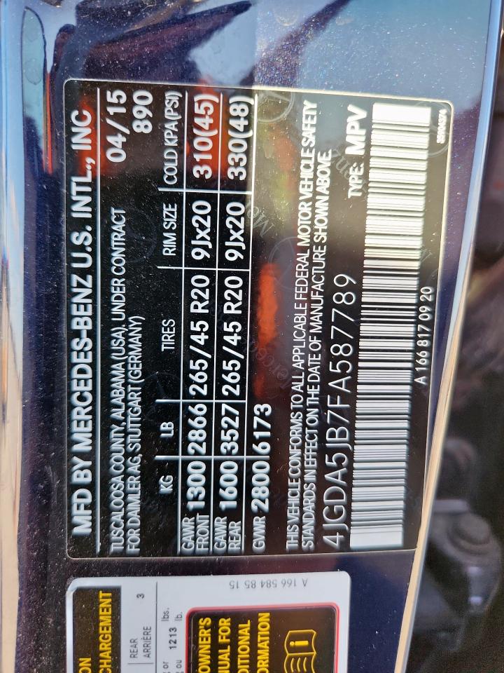 2015 Mercedes-Benz Ml 350 VIN: 4JGDA5JB7FA587789 Lot: 93015885