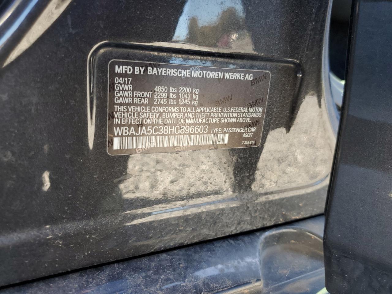 2017 BMW 530 I VIN: WBAJA5C38HG896603 Lot: 91363615