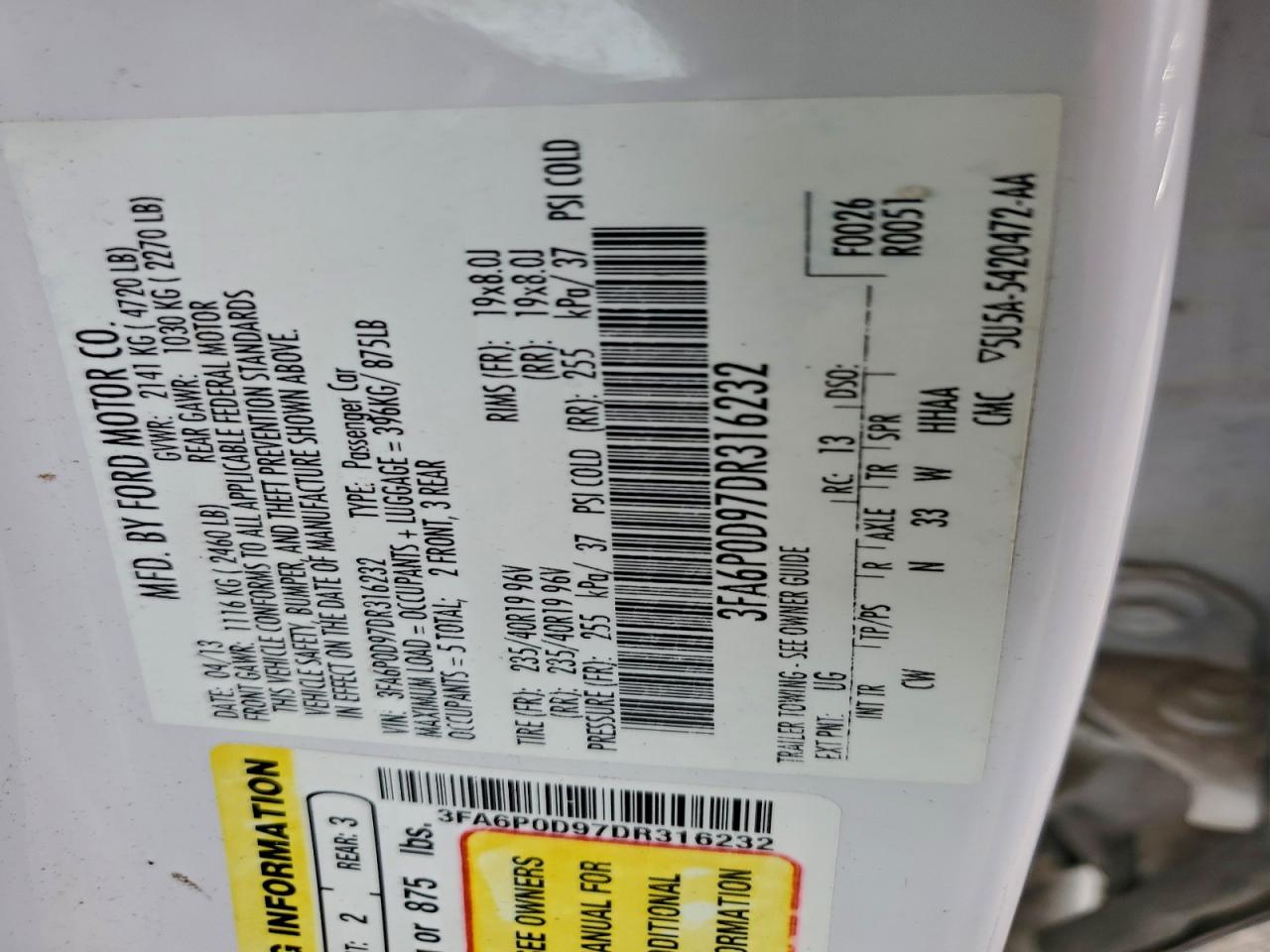 2013 Ford Fusion Titanium VIN: 3FA6P0D97DR316232 Lot: 93960605