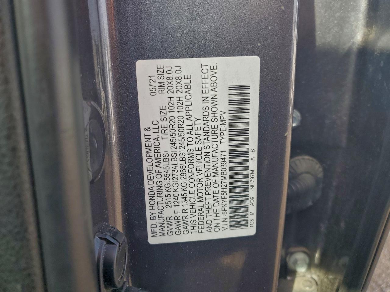 2021 Honda Pilot Se VIN: 5FNYF5H27MB039471 Lot: 94520555