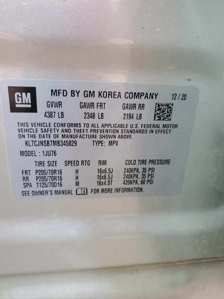 2021 Chevrolet Trax Ls VIN: KL7CJNSB7MB345829 Lot: 92358975