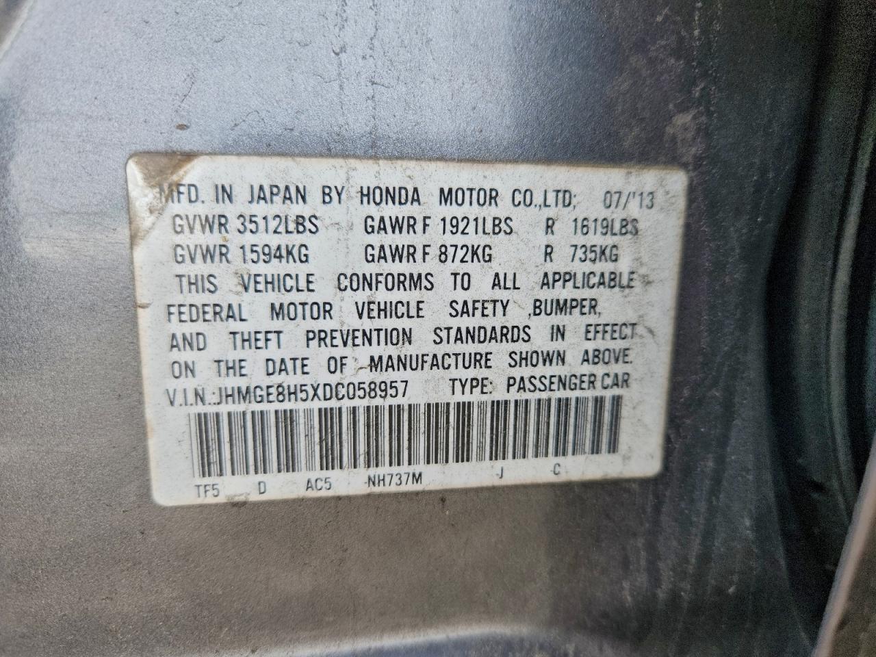 2013 Honda Fit Sport VIN: JHMGE8H5XDC058957 Lot: 94175785