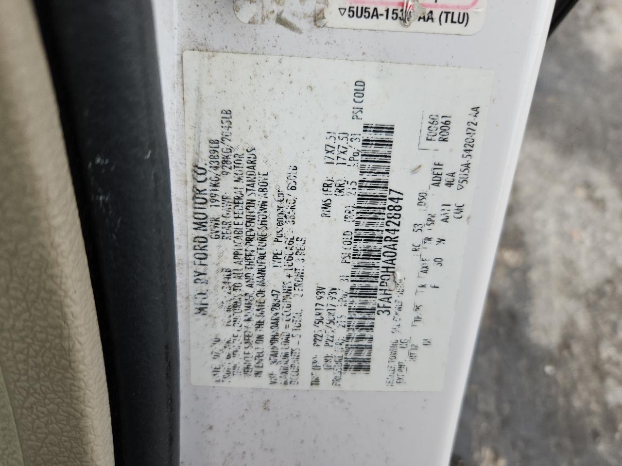 2010 Ford Fusion Se VIN: 3FAHP0HA0AR428847 Lot: 91714605