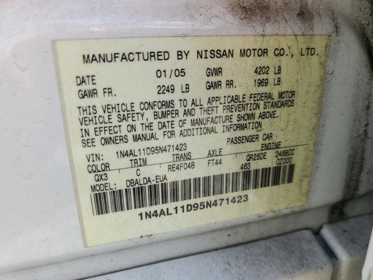 2005 Nissan Altima S VIN: 1N4AL11D95N471423 Lot: 91697755