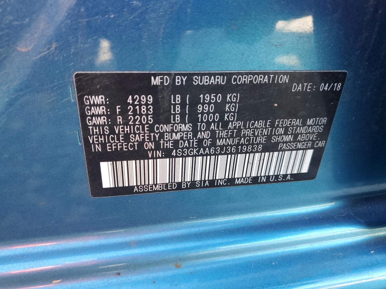 2018 Subaru Impreza VIN: 4S3GKAA63J3619838 Lot: 93289065