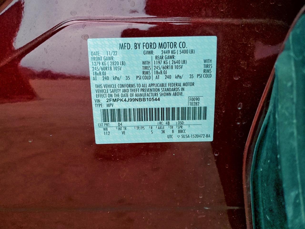 2022 Ford Edge Sel VIN: 2FMPK4J99NBB10544 Lot: 93759925