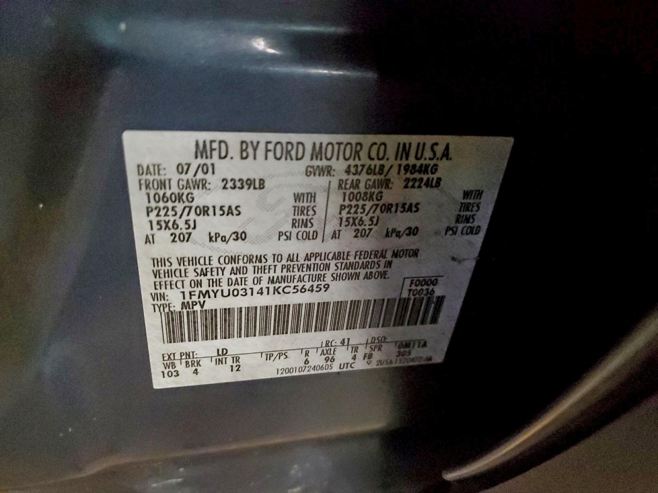 2001 Ford Escape Xlt VIN: 1FMYU03141KC56459 Lot: 93919675