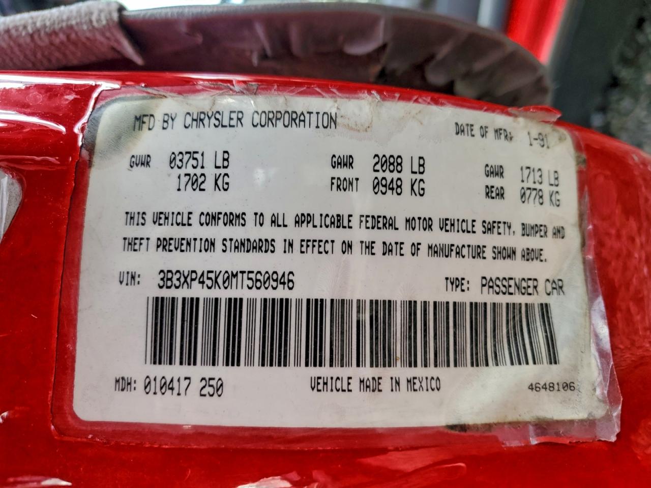 1991 Dodge Shadow VIN: 3B3XP45K0MT560946 Lot: 93673225