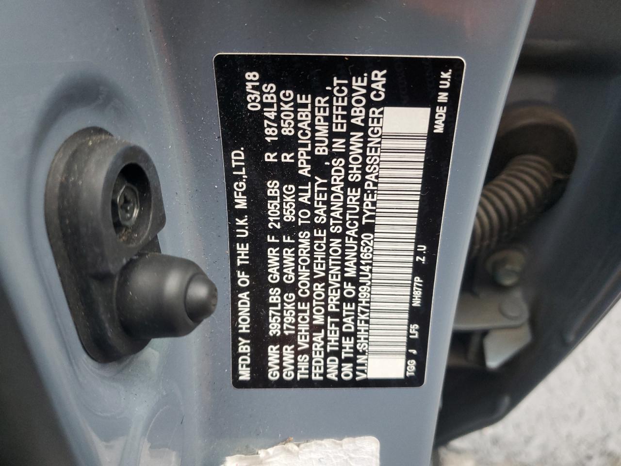 2018 Honda Civic Sport Touring VIN: SHHFK7H99JU416520 Lot: 93633695