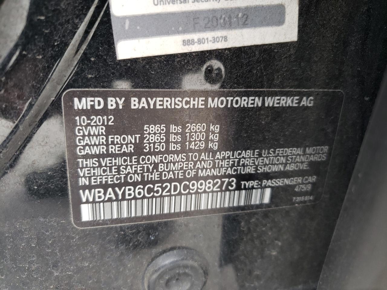 2013 BMW 750 Xi VIN: WBAYB6C52DC998273 Lot: 92083275