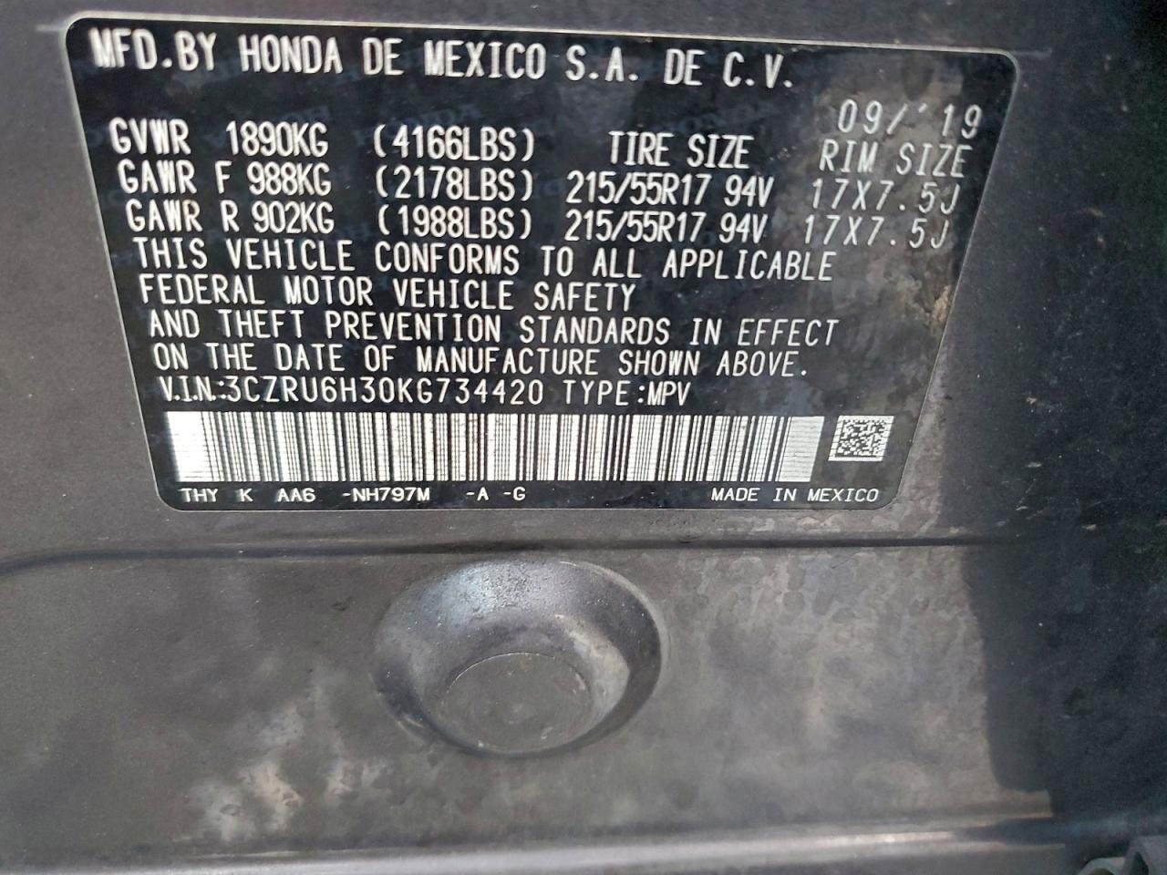 2019 Honda Hr-V Lx VIN: 3CZRU6H30KG734420 Lot: 94482735