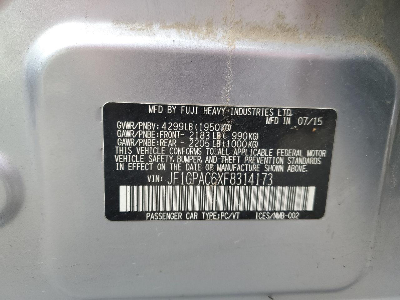 2015 Subaru Impreza Premium VIN: JF1GPAC6XF8314173 Lot: 93073865