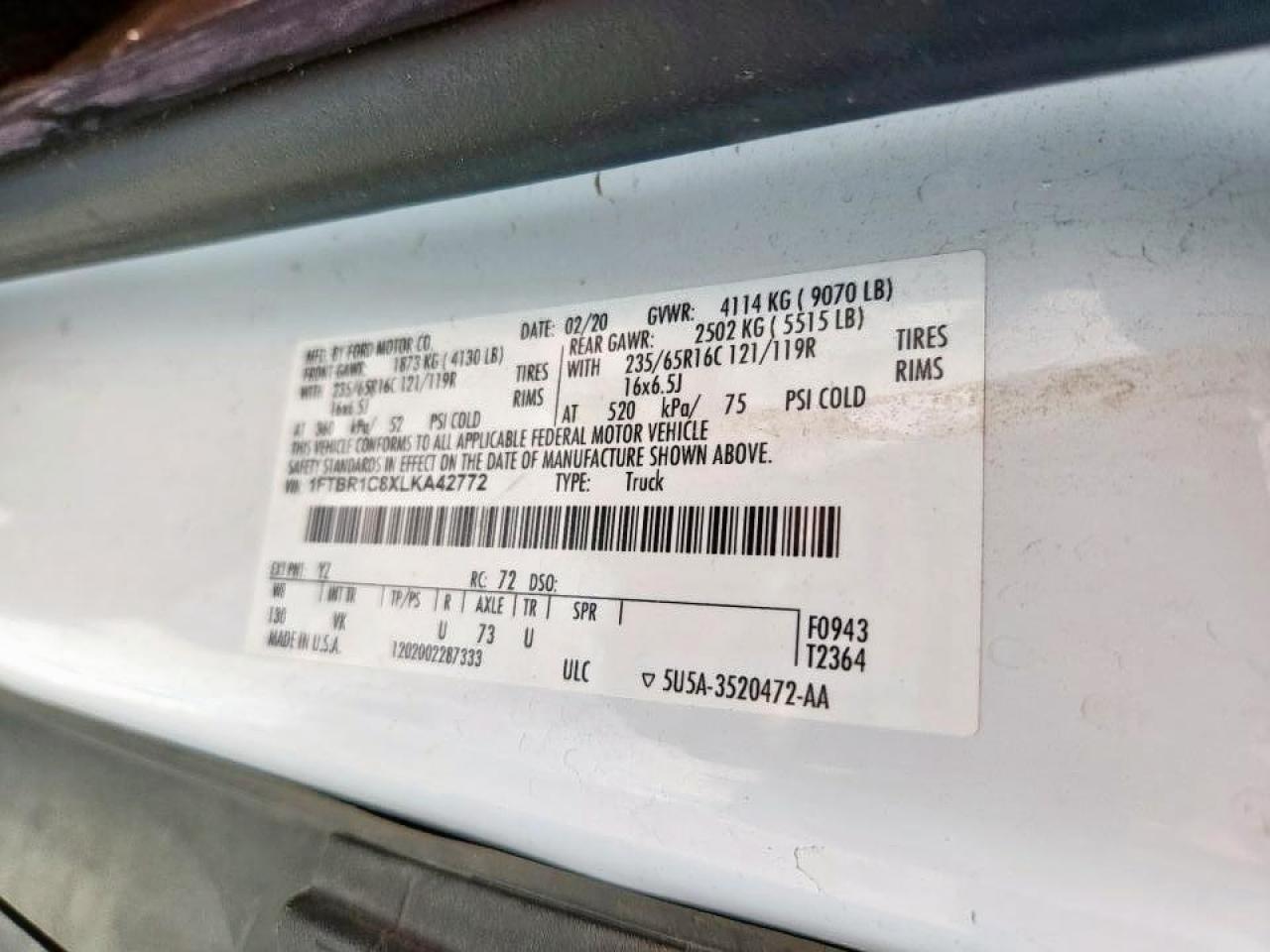 2020 Ford Transit Delivery Van VIN: 1FTBR1C8XLKA42772 Lot: 90716935