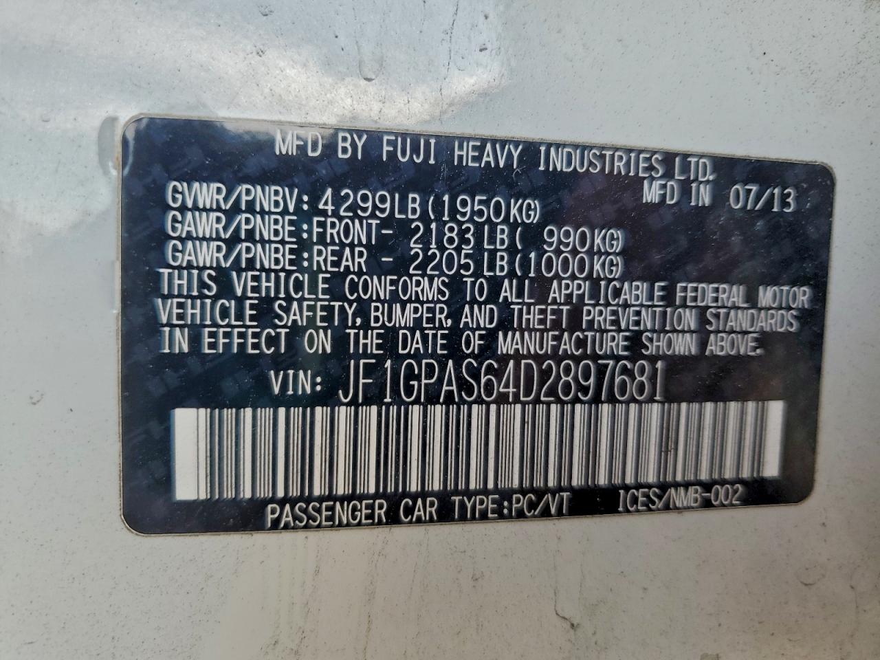 2013 Subaru Impreza Sport Limited VIN: JF1GPAS64D2897681 Lot: 94036955