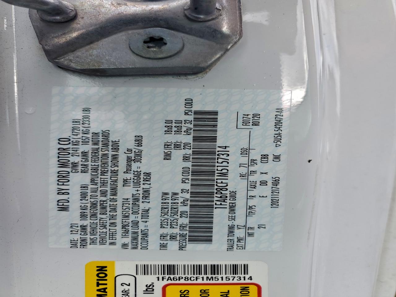 2021 Ford Mustang Gt VIN: 1FA6P8CF1M5157314 Lot: 93912375