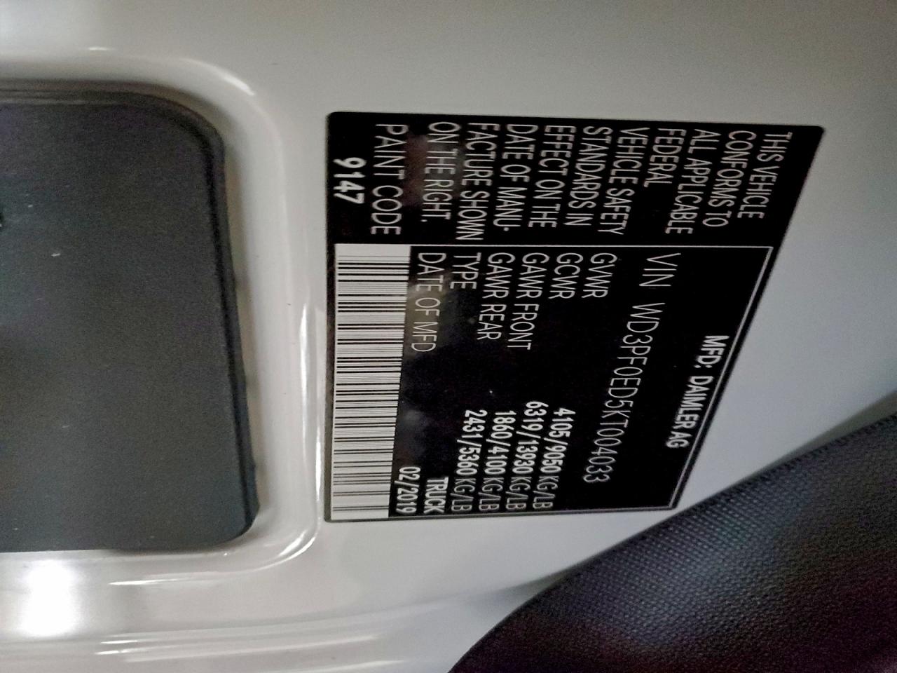 2019 Mercedes-Benz Sprinter 2500/3500 VIN: WD3PF0ED5KT004033 Lot: 93516155