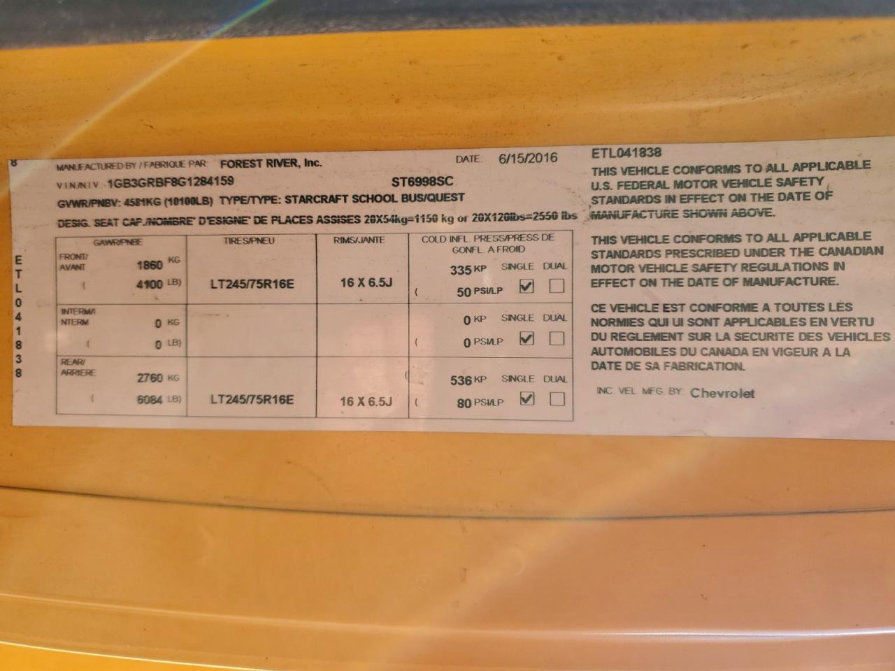 2016 Thomas Minotour G3500 - School Bus VIN: 1GB3GRBF8G1284159 Lot: 93782095