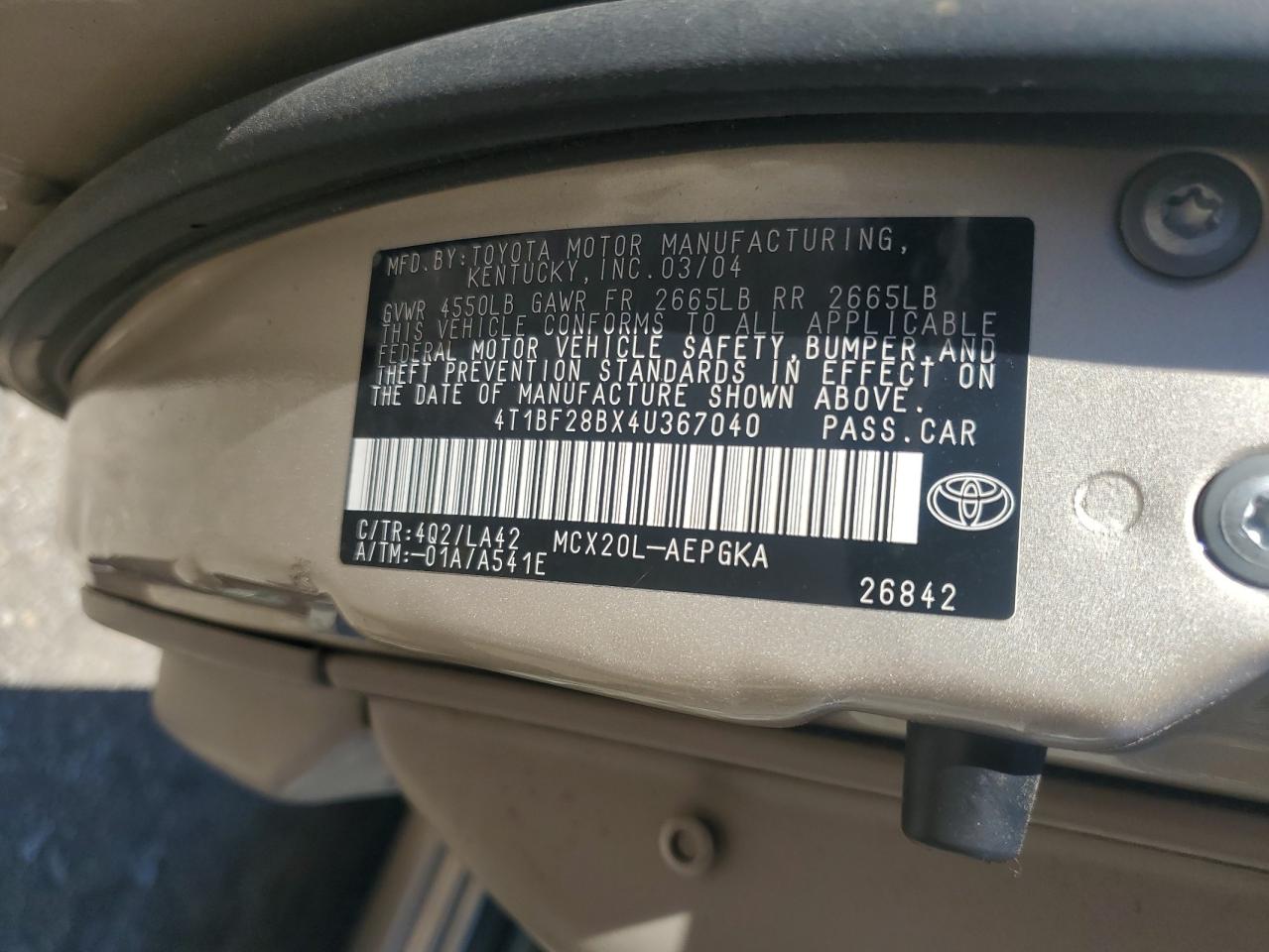 2004 Toyota Avalon Xl VIN: 4T1BF28BX4U367040 Lot: 91202255