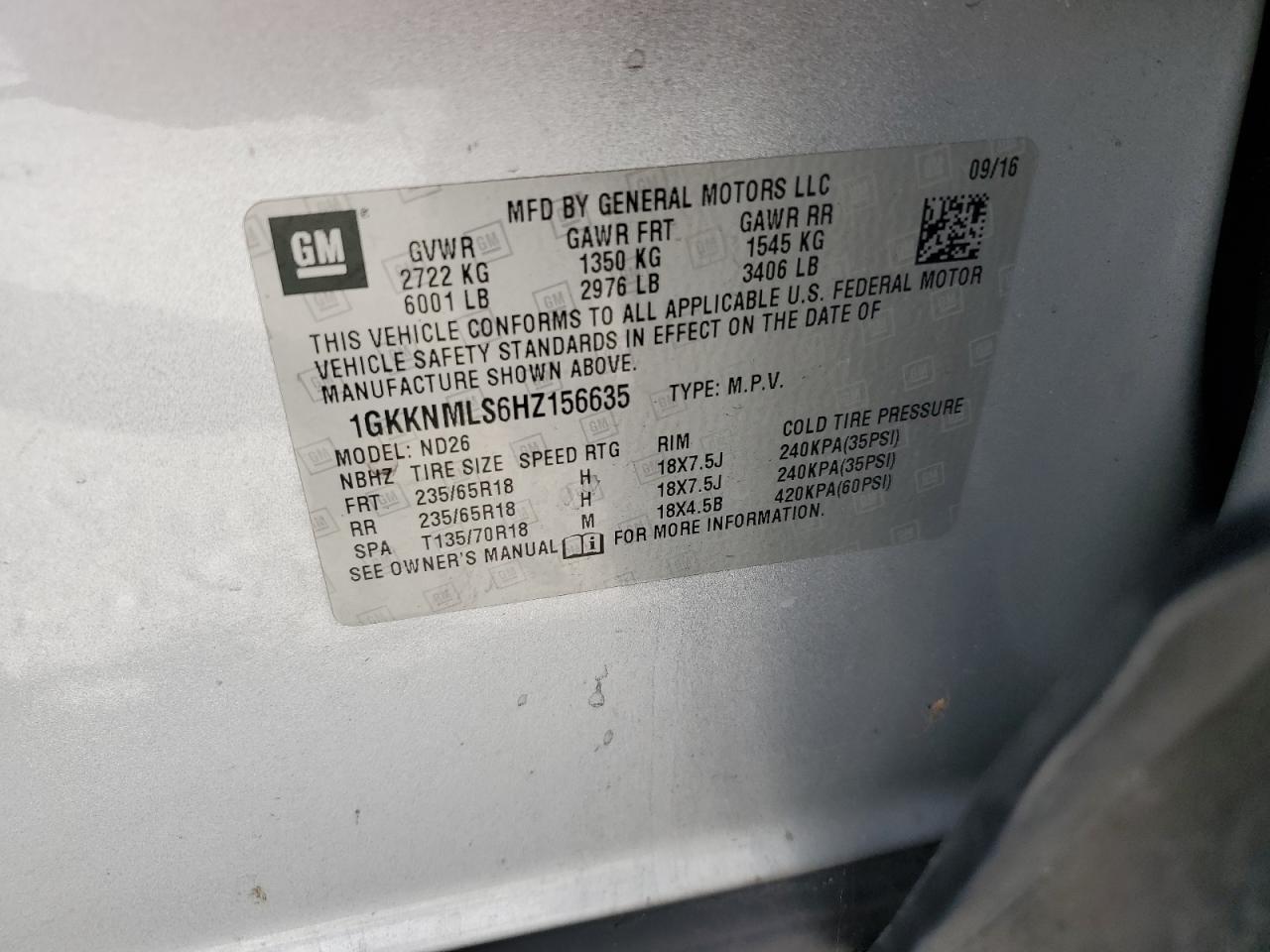 2017 GMC Acadia Slt-1 VIN: 1GKKNMLS6HZ156635 Lot: 91881675