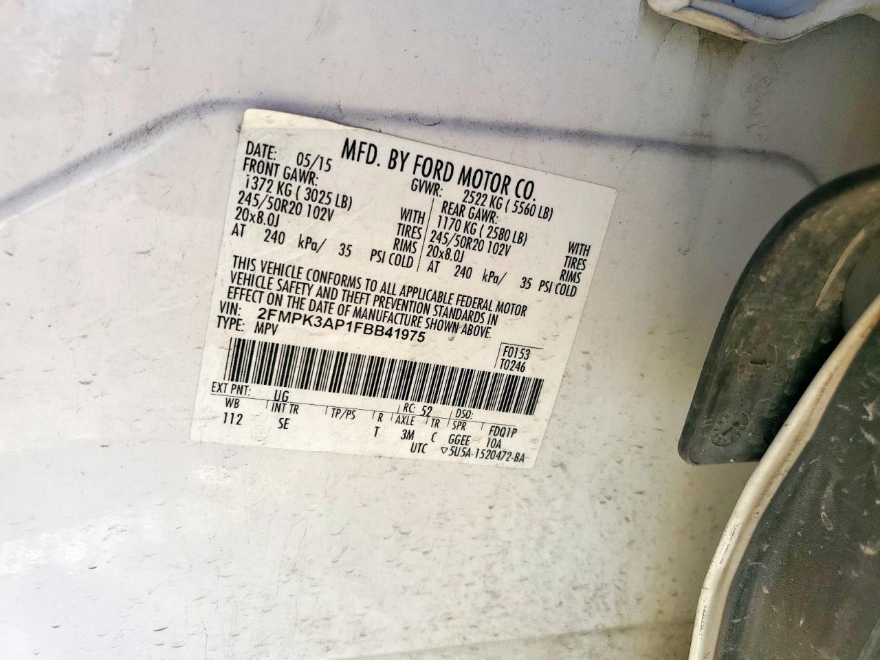 2015 Ford Edge Sport VIN: 2FMPK3AP1FBB41975 Lot: 91705165