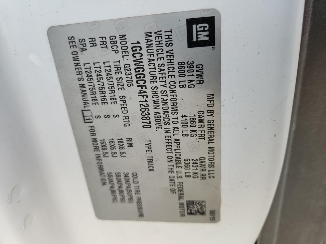 2015 Chevrolet Express G2500 VIN: 1GCWGGCF4F1263870 Lot: 91446395