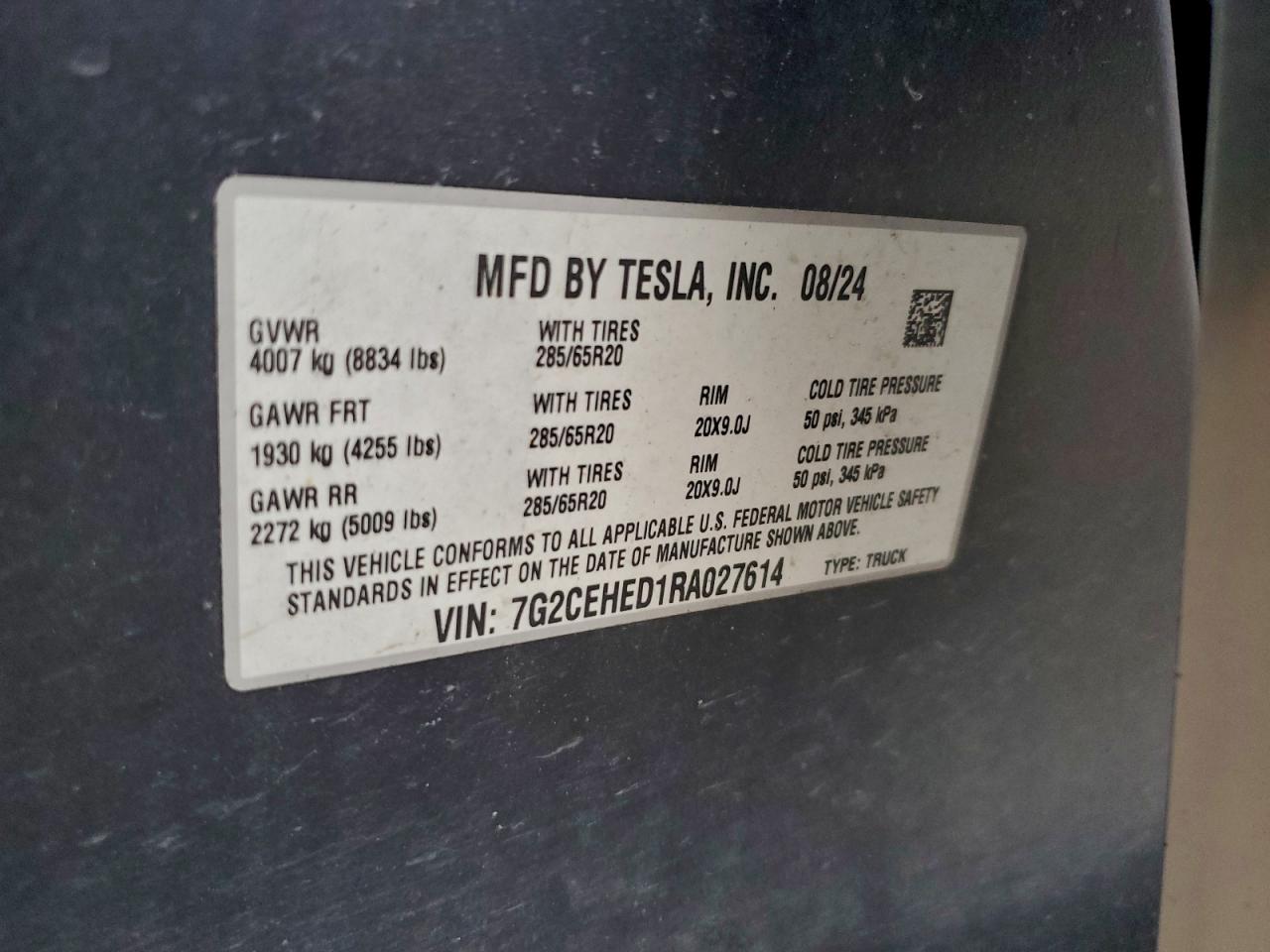 2024 Tesla Cybertruck VIN: 7G2CEHED1RA027614 Lot: 93330355