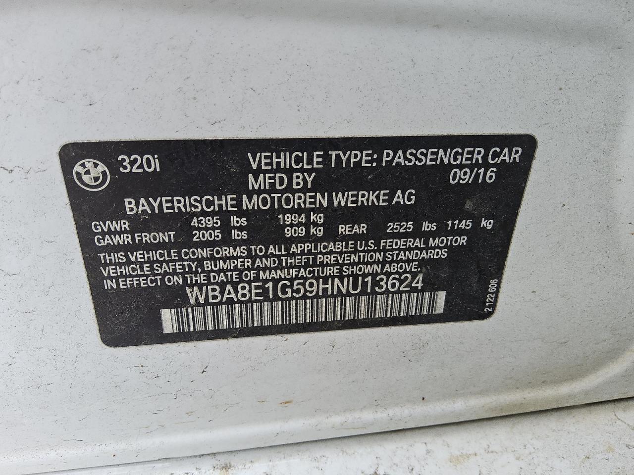 2017 BMW 320 I VIN: WBA8E1G59HNU13624 Lot: 90077085