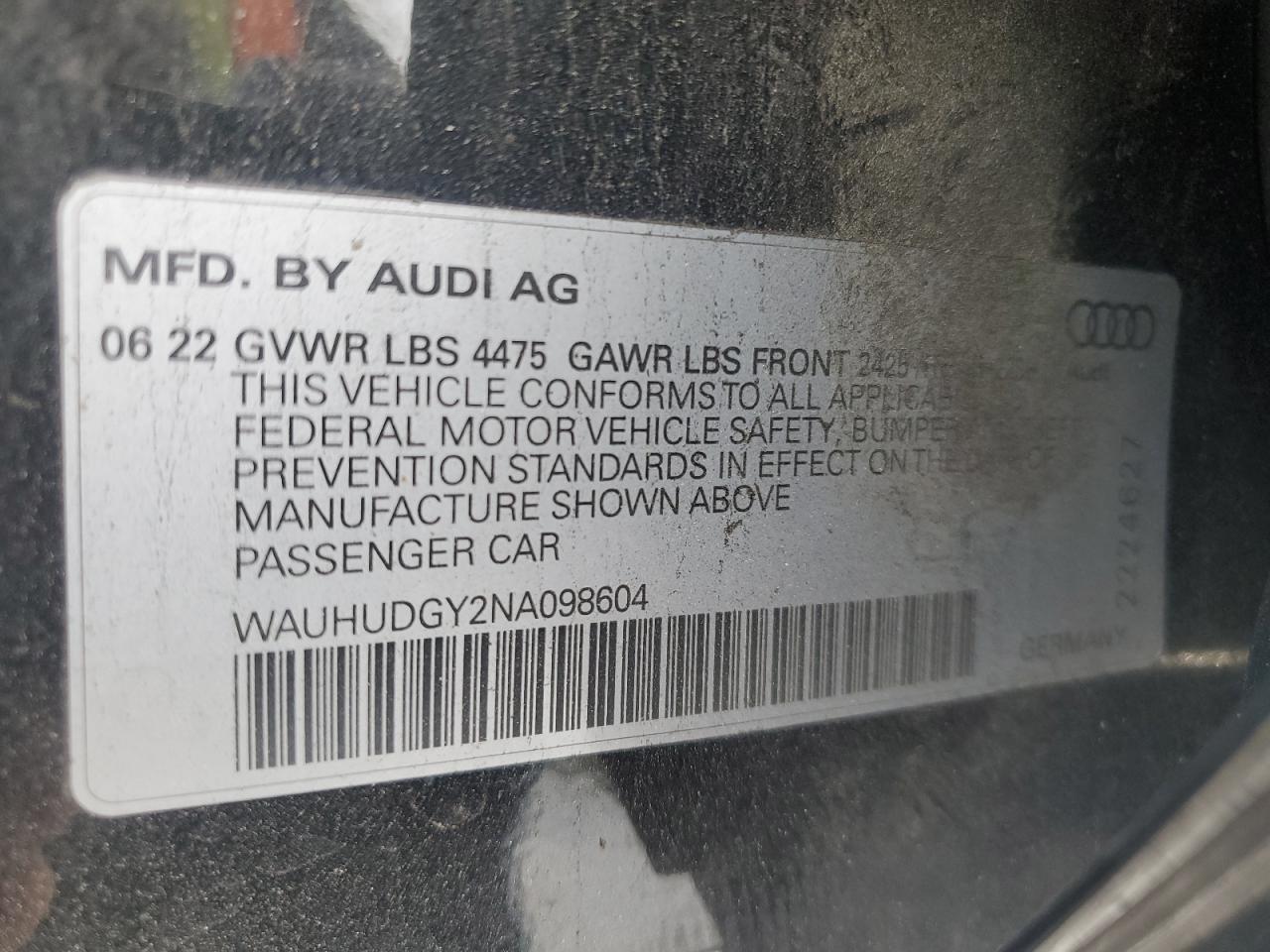 2022 Audi A3 Premium Plus VIN: WAUHUDGY2NA098604 Lot: 93473355