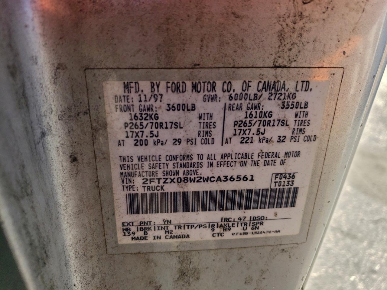 1998 Ford F150 VIN: 2FTZX08W2WCA36561 Lot: 94142665