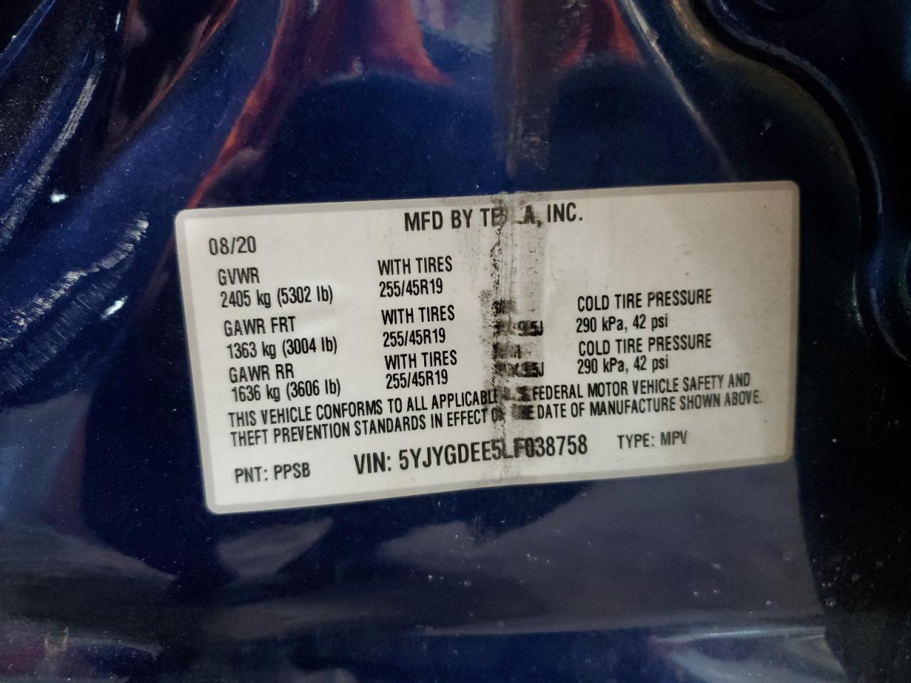 2020 Tesla Model Y VIN: 5YJYGDEE5LF038758 Lot: 91555185