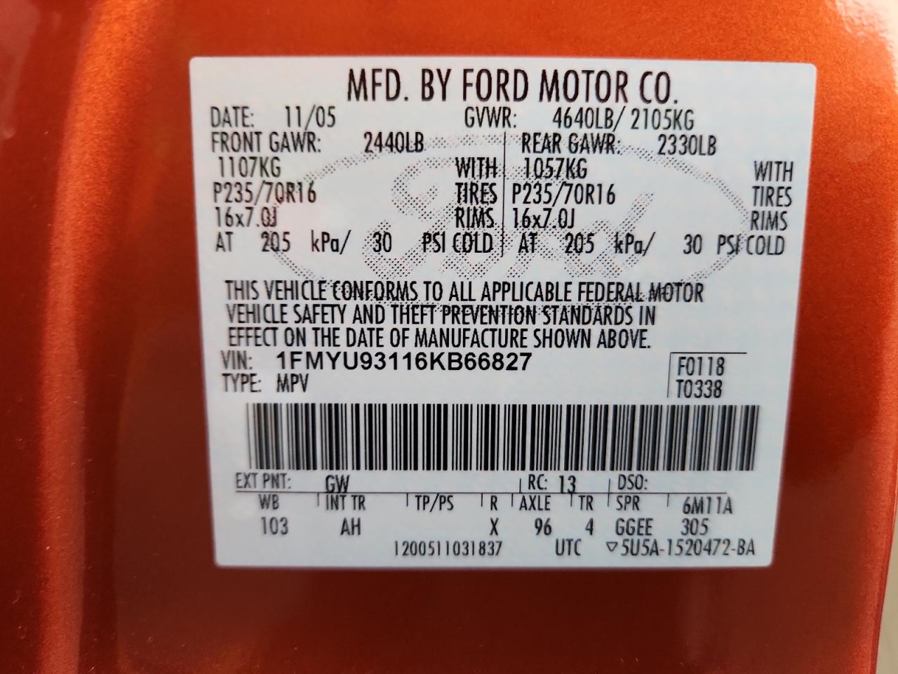 2006 Ford Escape Xlt VIN: 1FMYU93116KB66827 Lot: 92729945