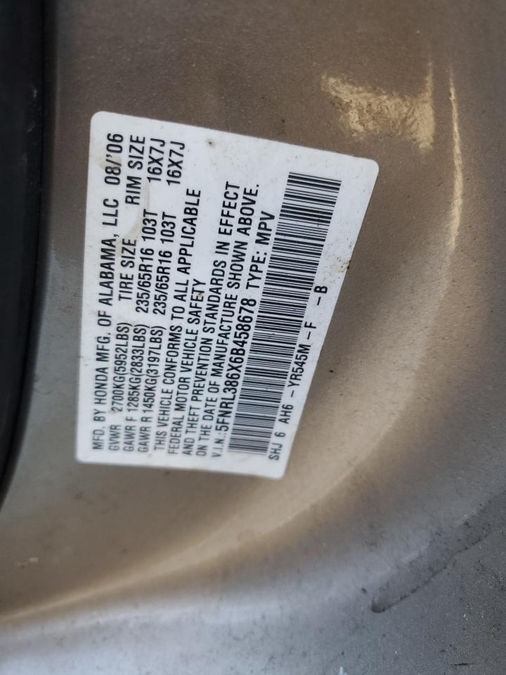 2006 Honda Odyssey Exl VIN: 5FNRL386X6B458678 Lot: 92614215