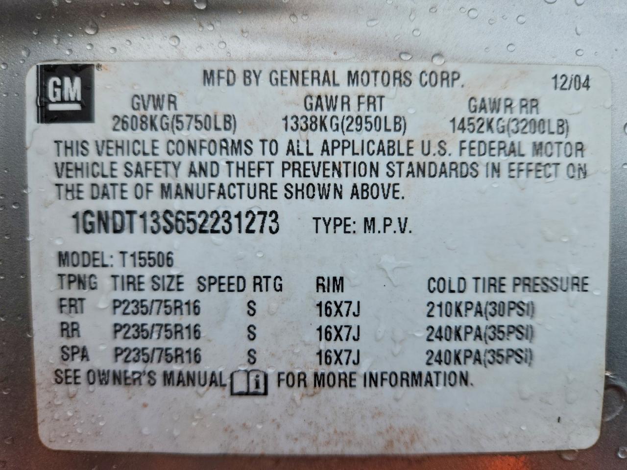 2005 Chevrolet Trailblazer Ls VIN: 1GNDT13S652231273 Lot: 93884825