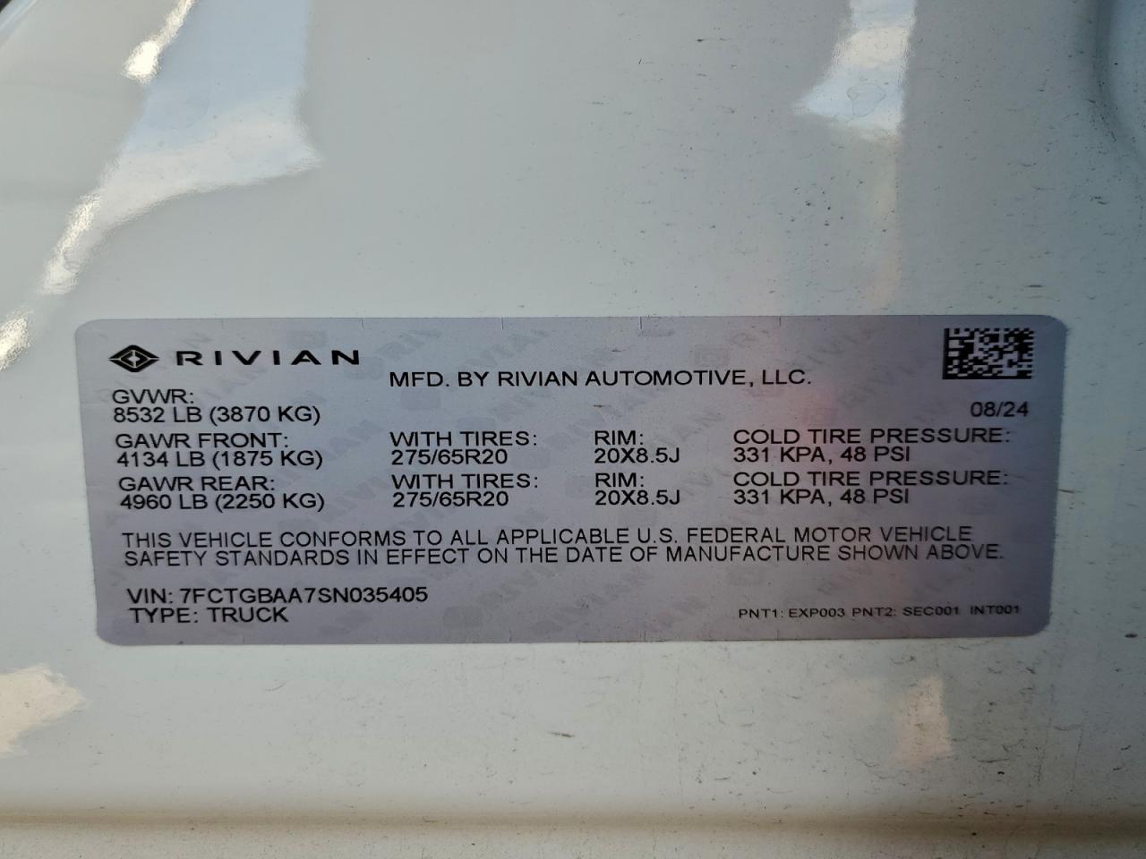 2025 Rivian R1T Adventure VIN: 7FCTGBAA7SN035405 Lot: 94161595