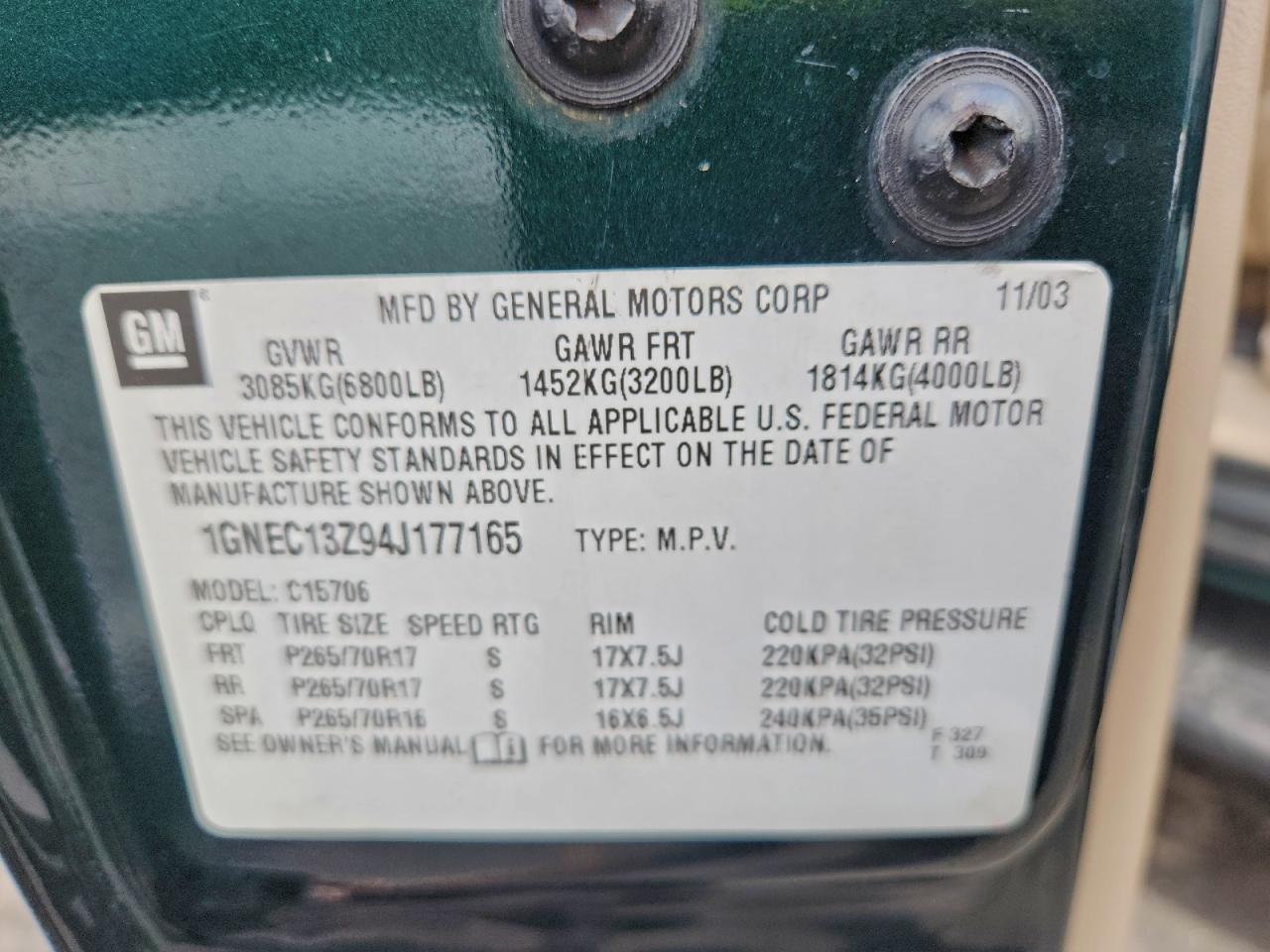 2004 Chevrolet Tahoe C1500 VIN: 1GNEC13Z94J177165 Lot: 93863555