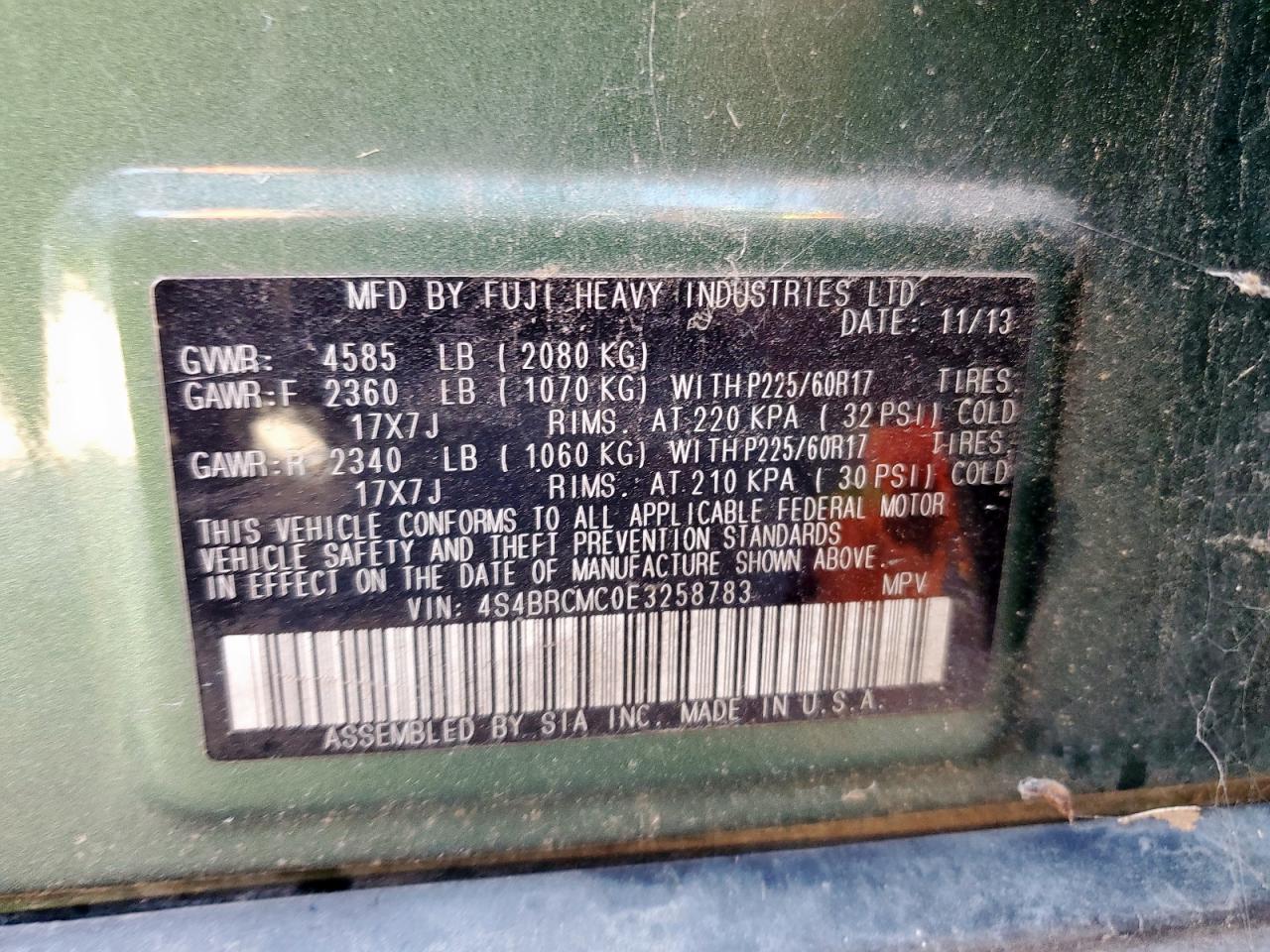 2014 Subaru Outback 2.5I Limited VIN: 4S4BRCMC0E3258783 Lot: 91269215