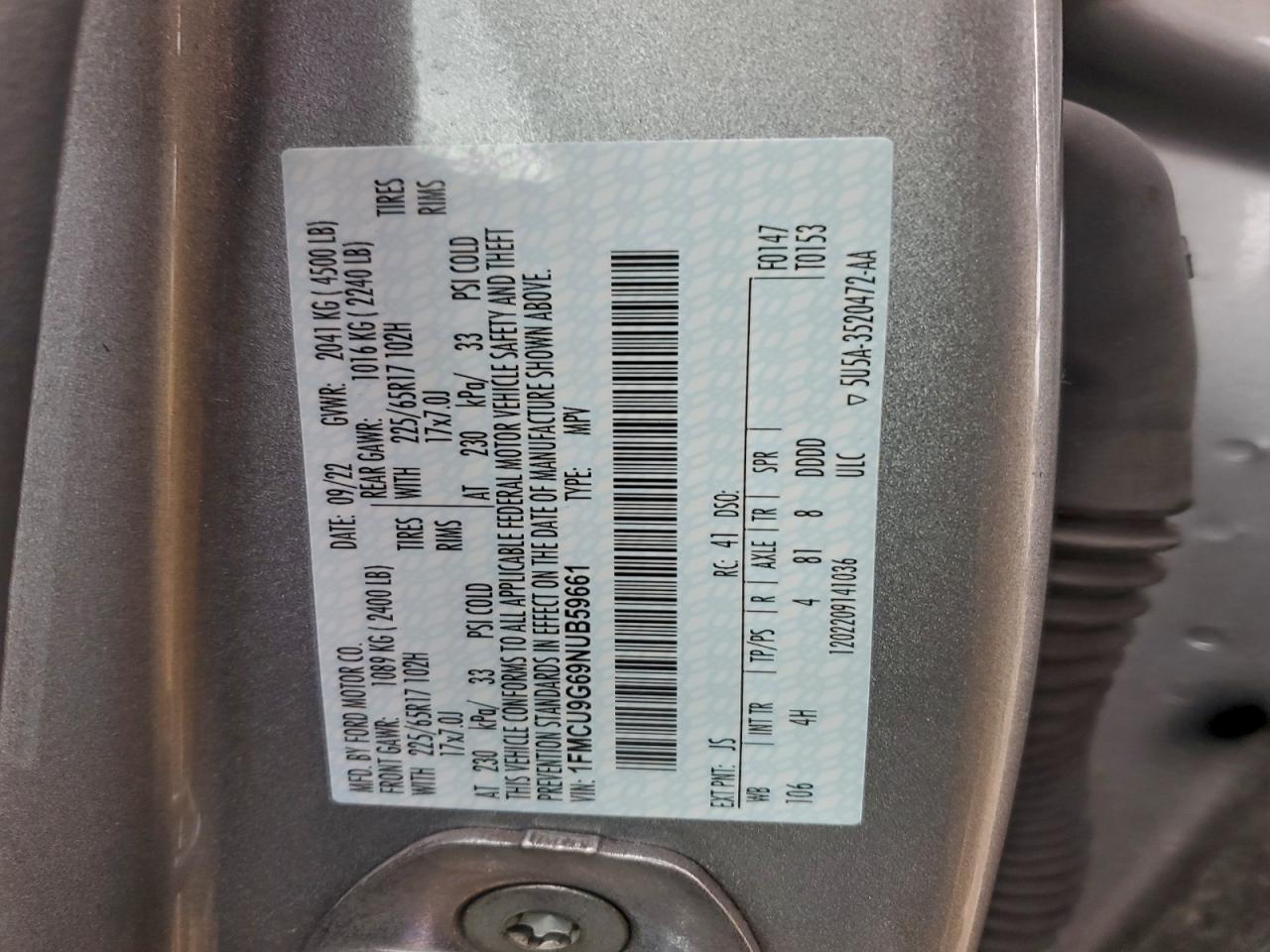 2022 Ford Escape Se VIN: 1FMCU9G69NUB59661 Lot: 94321225