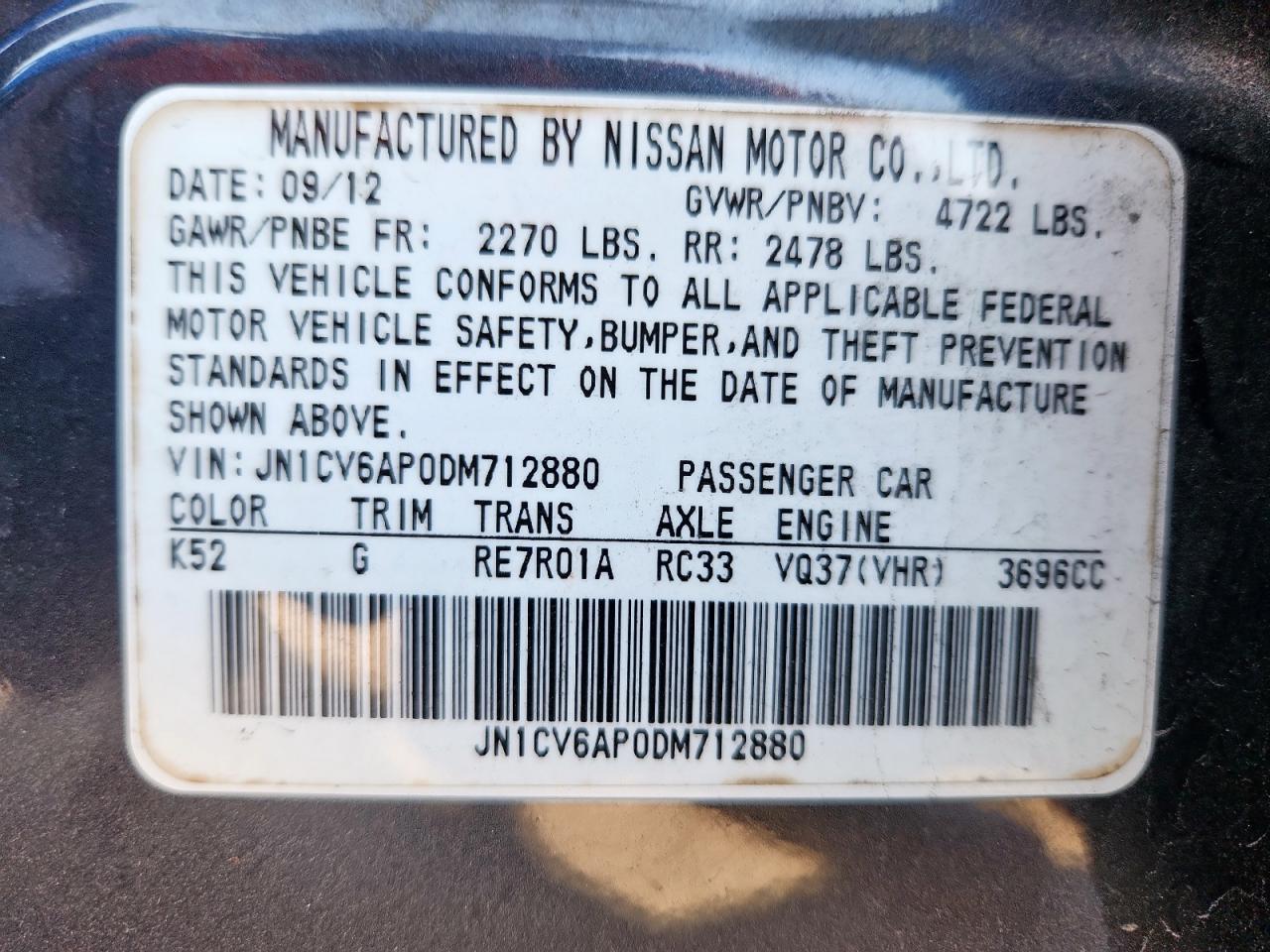 2013 Infiniti G37 Base VIN: JN1CV6AP0DM712880 Lot: 91482225