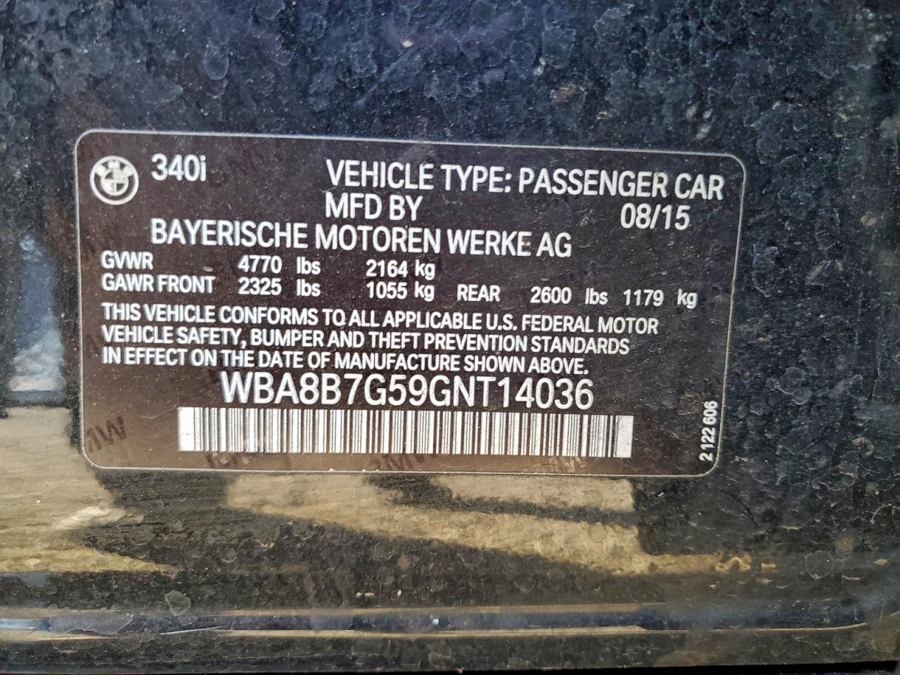 2016 BMW 340 Xi VIN: WBA8B7G59GNT14036 Lot: 94855195