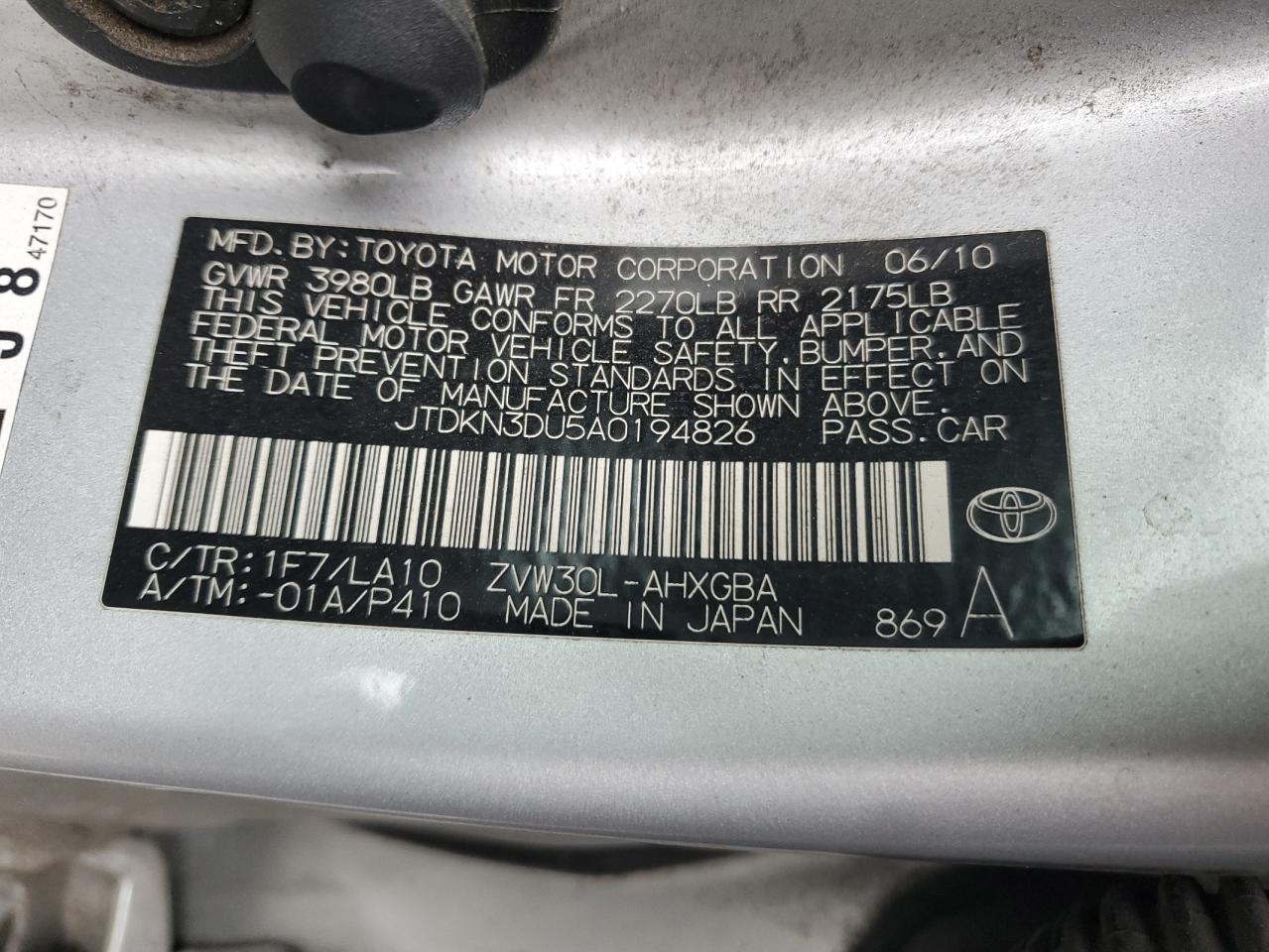 2010 Toyota Prius VIN: JTDKN3DU5A0194826 Lot: 93975415