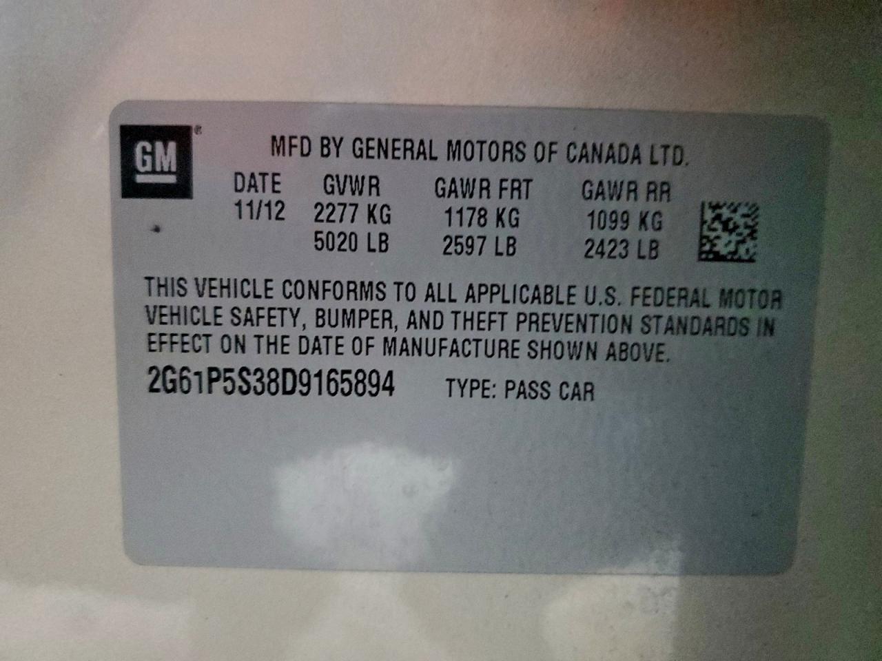 2013 Cadillac Xts Luxury Collection VIN: 2G61P5S38D9165894 Lot: 93638765