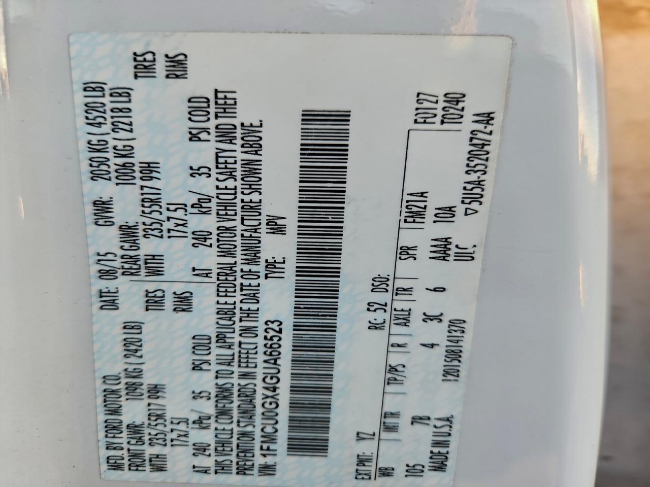 2016 Ford Escape Se VIN: 1FMCU0GX4GUA66523 Lot: 93878935