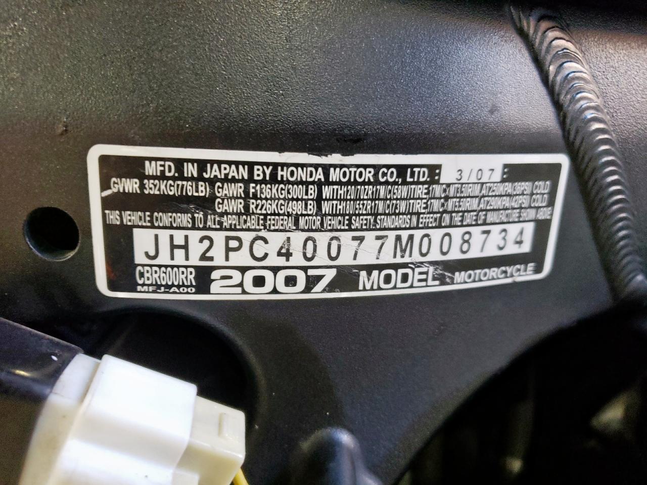 2007 Honda Cbr600 Rr VIN: JH2PC40077M008734 Lot: 92282295