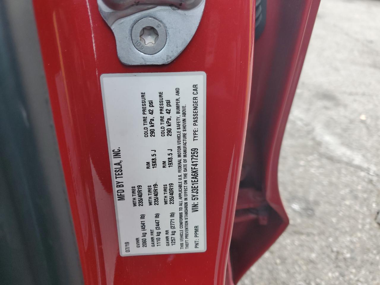 2019 Tesla Model 3 VIN: 5YJ3E1EA6KF417259 Lot: 92197955