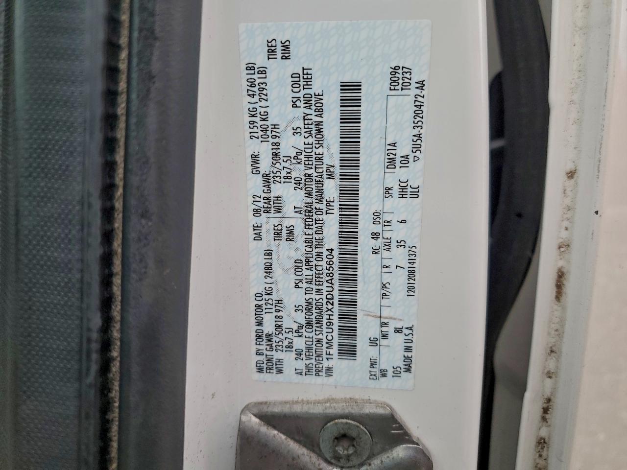 2013 Ford Escape Sel VIN: 1FMCU9HX2DUA85604 Lot: 93862965