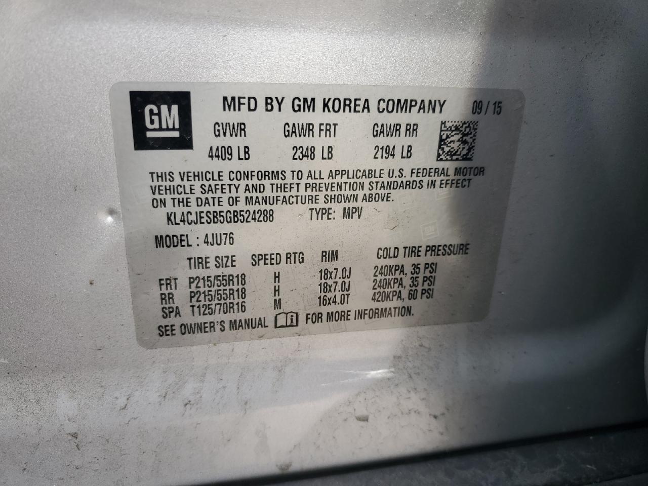 2016 Buick Encore VIN: KL4CJESB5GB524288 Lot: 90458635